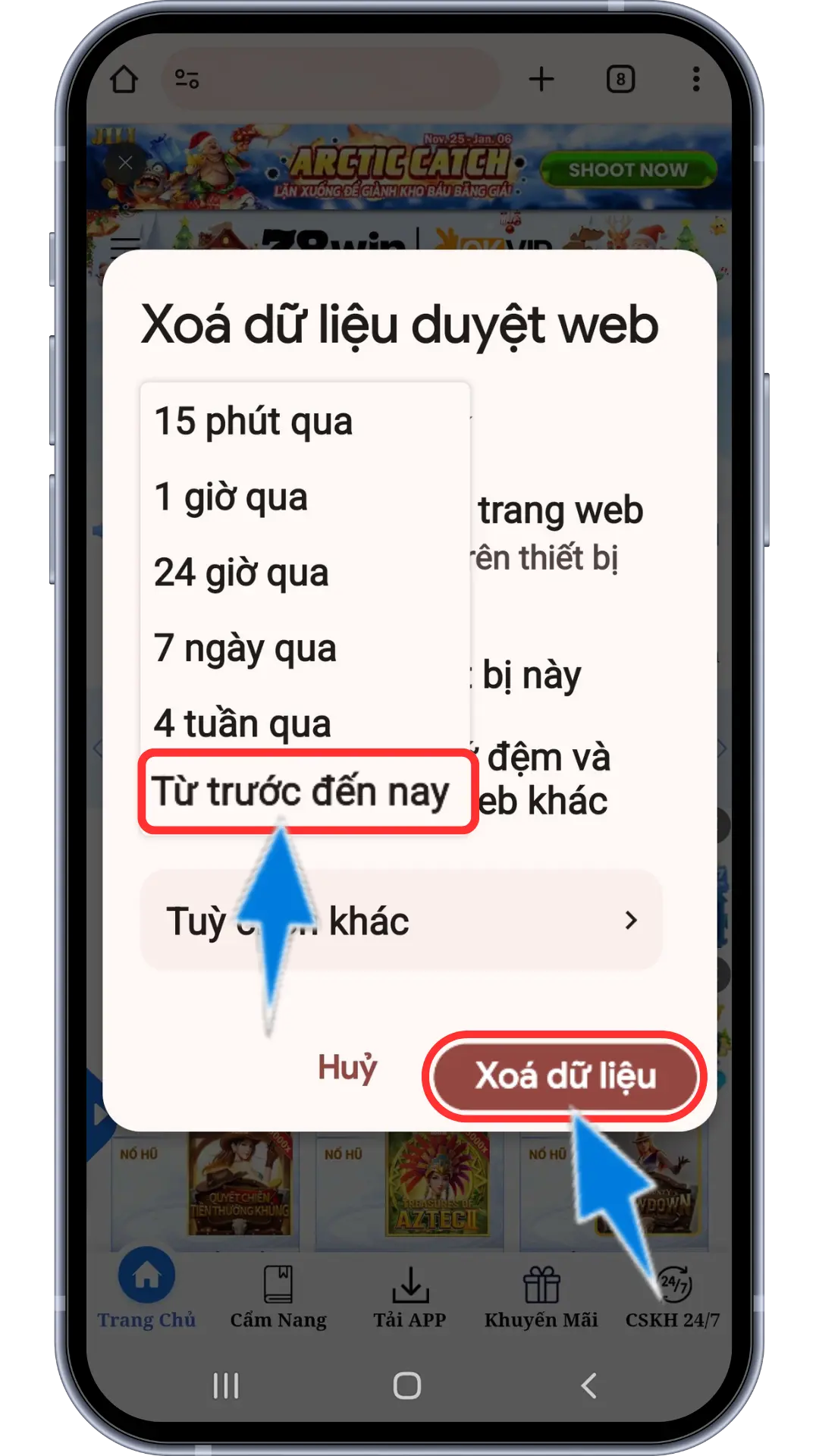 Bước 3 : Vào Mũi Tên Tải Xuống Chọn " Từ Trước Đến Nay " Sau đó bấm xóa " Xóa Dữ Liệu"